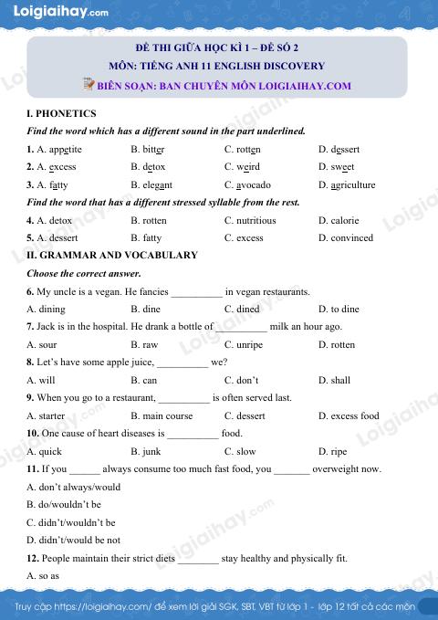Đề thi giữa kì 1 Tiếng Anh 11 English Discovery - Đề số 2